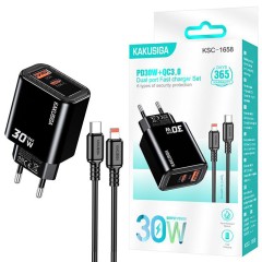 Incarcator Retea Kakusiga KSC-1658, PD30W, QC3.0, 2x USB, Cablu Lightning 1m, Fast Charge, Negru